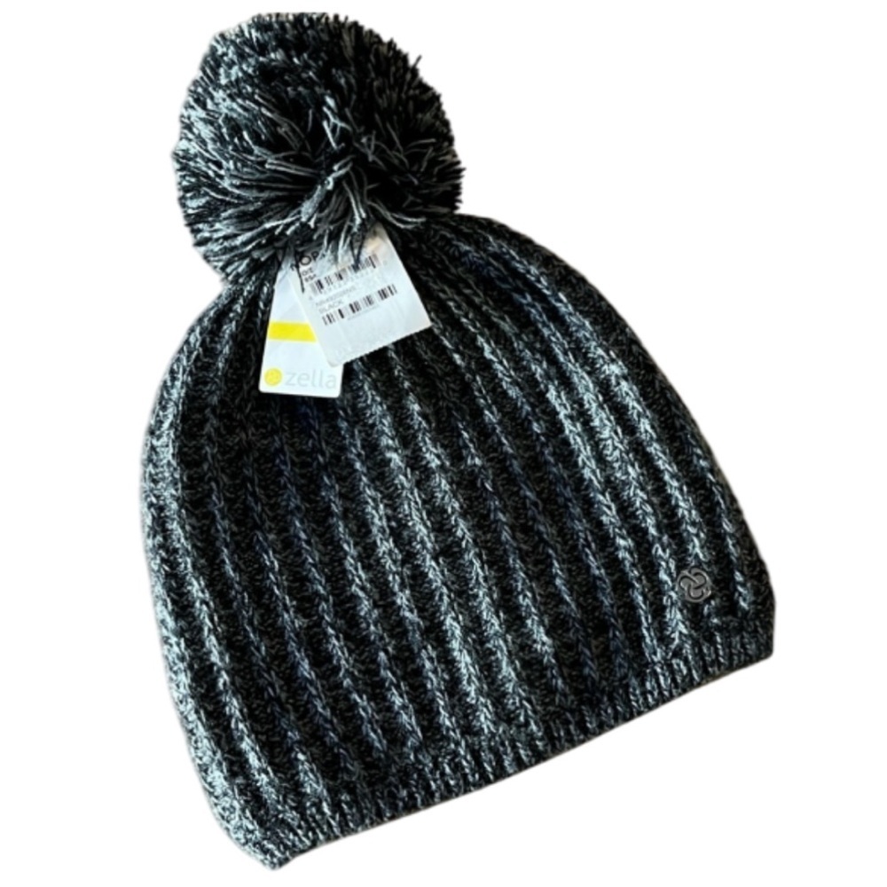 ZELLA Ribbed Lined Pom Pom Black/Gray Beanie NWT - OS